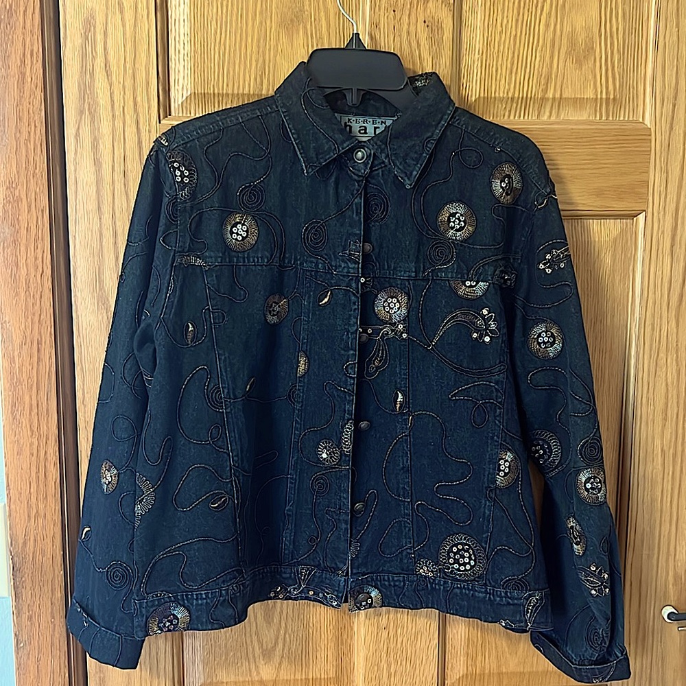Keren Hart, Black Denim Glitzy Embroidered Jacket, Size XL. Excellent condition!